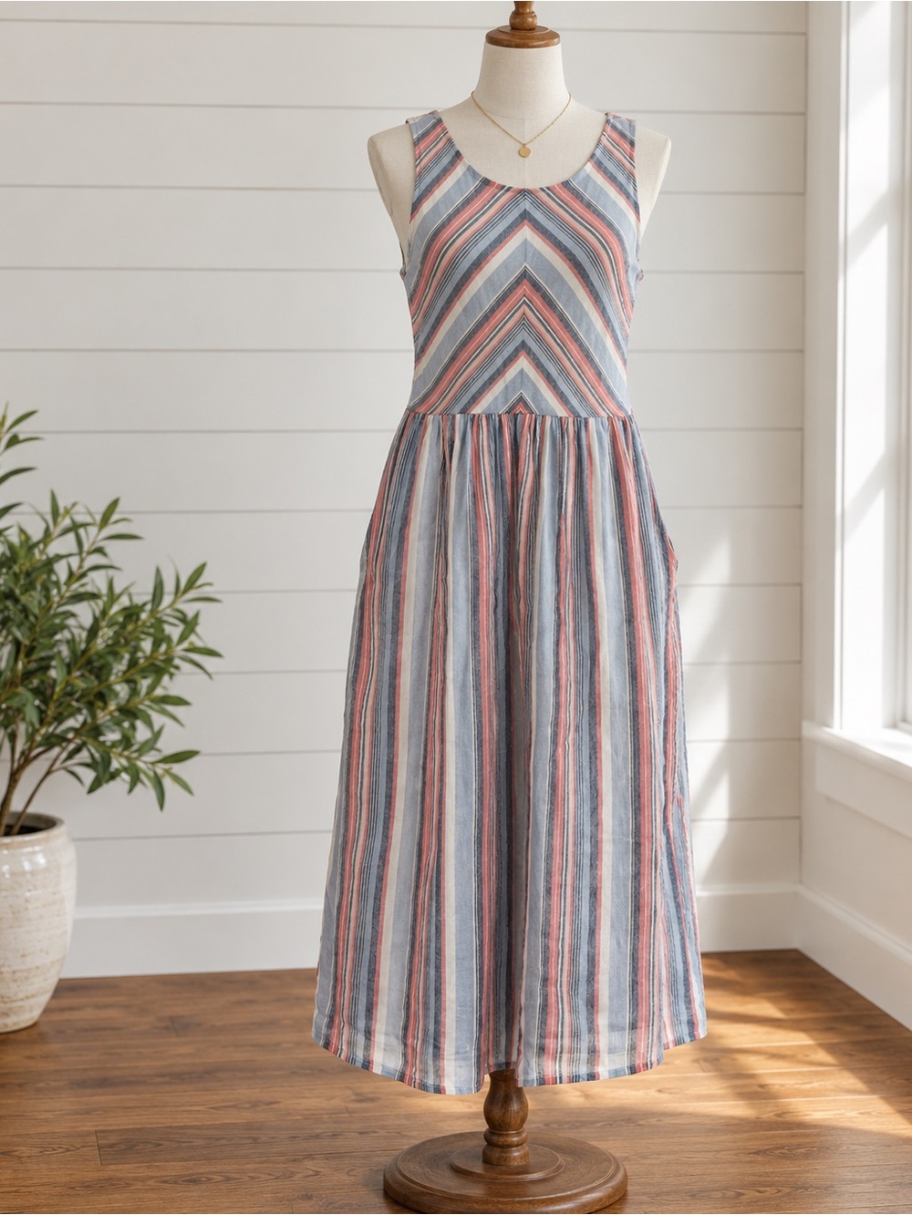 True Craft Striped Cotton Maxi Dress Size M NWT Pockets Coral Blue